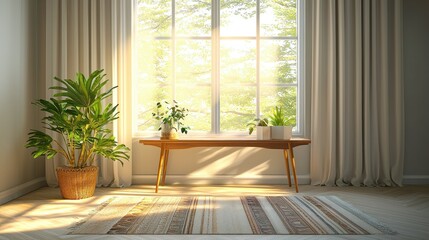 Sunny Interior with Plants and Wooden Bench by Window