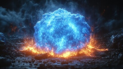 A swirling, luminous orb of blue energy rests amidst fiery, volcanic terrain