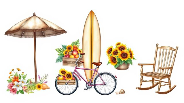 Summer Vibes Beach Bicycle Surfboard Flowers Rocking Chair