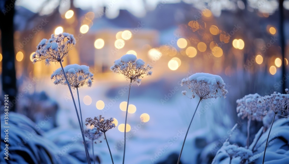 Poster snow-covered flowers with soft winter lights in the background creating a serene and enchanting atmo