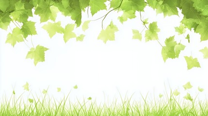 Green Leaves and Grass Border on White Background