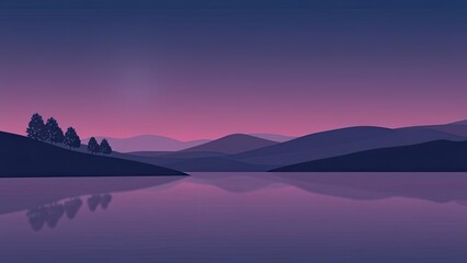 Obraz premium Serene Sunset Landscape Purple Mountains Calm Lake Silhouetted Trees