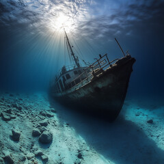 Picture of a sunken ship. The ship lies on the bottom, wreck of a ship wreck