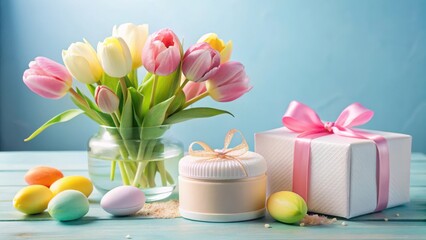 Pastel Tulips, Festive Gift, and Delicate Easter Eggs on a Rustic Table