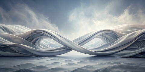 Serene Infinity Abstract Gray Fabric Sculptures in a Dreamlike Landscape Under a Misty Sky