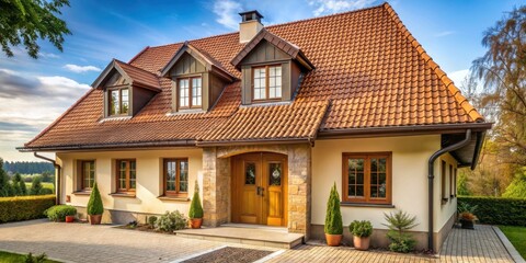Attractive Suburban House with Brown Roof and Stone Accents, Landscaped Yard, and Paved Driveway
