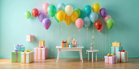 A Festive Room Decorated with Colorful Balloons and Presents for a Celebration