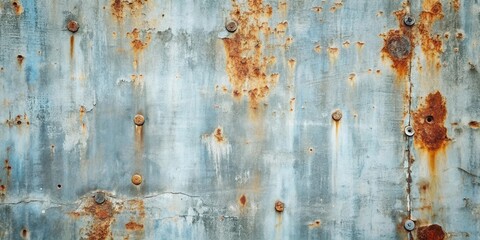 Rustic Weathered Metal Sheet with Oxidized Fasteners Showing Extensive Corrosion and Texture