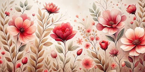 Elegant Floral Design A Delicate Arrangement of Red and Peach Blossoms with Brown Foliage on a Soft Beige Background