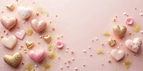 Romantic Pink and Gold Heart-Shaped Confections Scattered on a Delicate Pastel Background