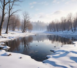 A peaceful snowy landscape with bare trees and a frozen lake in the distance, frozen lake, winter wonderland