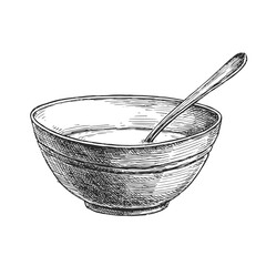 Vector hand-drawn illustration of bowl with white mash and spoon. Sketch of cooking process.