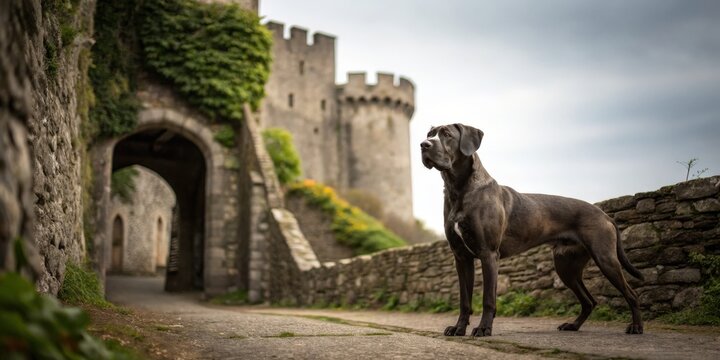 Dog standing proudly at historic castle ruins welsh countryside photograph serene environment low angle view majestic concept