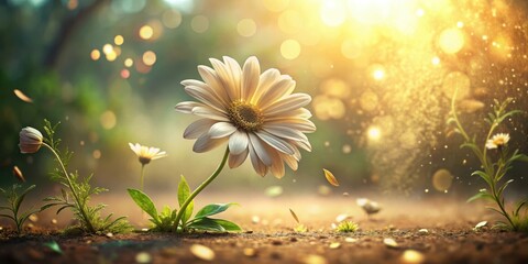A single daisy blooms in a magical golden light, surrounded by other delicate wildflowers and shimmering particles, creating an ethereal, dreamlike scene of nature's beauty.