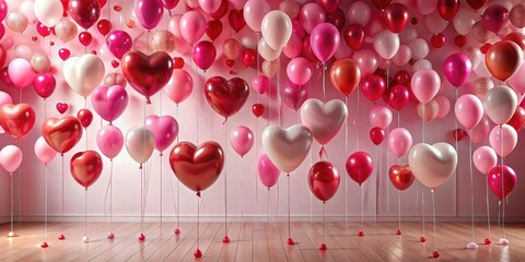 Romantic Celebration A Room Filled with Heart-Shaped Balloons in Shades of Pink and Red, Creating a Festive and Loving Atmosphere