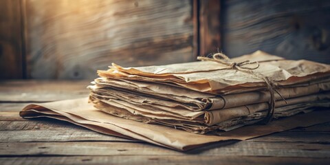 A Stack of Aged Documents Bound with Twine, Resting on a Rustic Wooden Surface