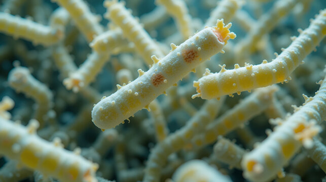 Close-up of rod-shaped Bacillus bacteria, common in nature and bodies. Versatile microbes, some beneficial, others cause diseases
