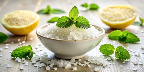 Aromatic bath salts and fresh mint leaves in a bowl, complemented by lemon halves, creating a tranquil spa-like atmosphere.