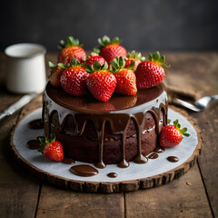 A rich, double-layered chocolate cake covered in dripping chocolate and topped with fresh strawberries.