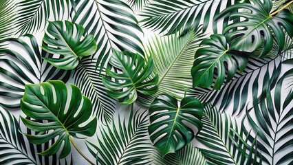 Vibrant Tropical Foliage Arrangement Featuring Lush Green Leaves and Palm Fronds on a Neutral Background