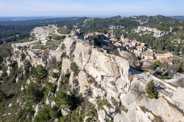 Les baux de Provenance, France - Aerial view of one of the most beautiful French villages during...