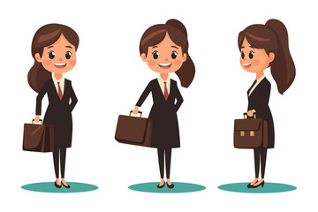 set of Business woman holding a briefcase, smiling, Flat style cartoon vector illustration