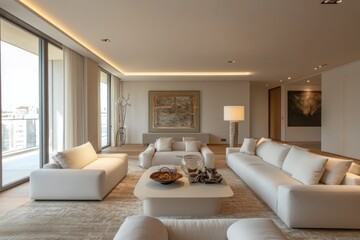 Modern minimalist living room with beige sofas, large windows, and artwork.