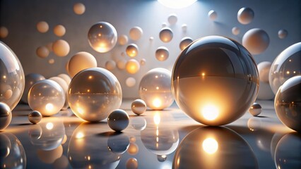 Illuminated Spheres Reflecting Warm Light on a Smooth Surface, Creating an Abstract Composition of Glowing Orbs