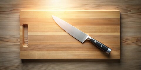 A chef's knife rests on a light wood cutting board, bathed in warm, inviting light