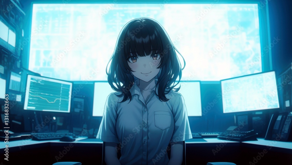 Poster young female programmer in modern control center with data screens