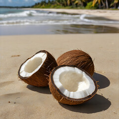 Three halves of a coconut placed on a beautiful beach with waves in the background.
