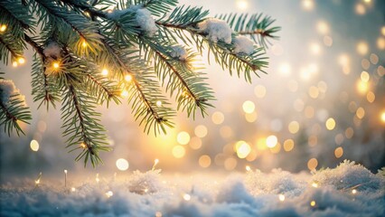 Winter Wonderland Enchanting Evergreen Branch Adorned with Festive Lights Resting on a Snowy Surface, Illuminated by Warm Golden Glowing Lights