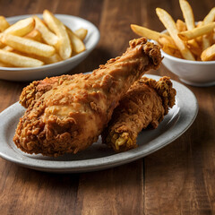 A plate of golden-brown fried chicken legs served with a side of fries.