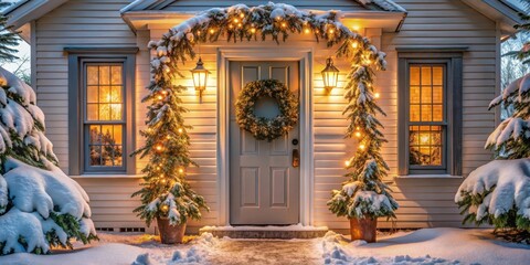 Cozy winter evening scene of a snow-covered house decorated with festive lights and greenery