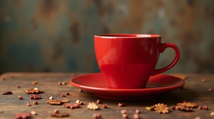  vibrant red mug and saucer sit on a rustic wooden table, surrounded by scattered cookies, creating a cozy