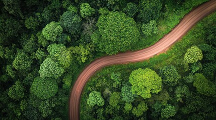 Aerial View of Winding Dirt Road Through Lush Green Forest Canopy
