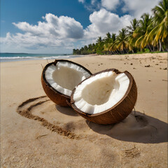 A freshly cracked coconut resting on a sandy beach with palm trees in the background.