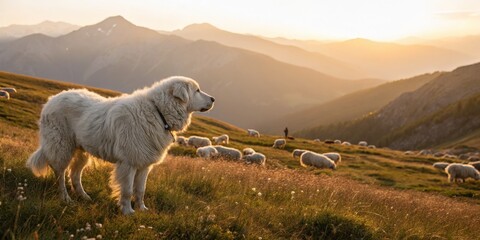 Shepherd dog watching over sheep at sunset mountain range nature photography serene landscape wide angle view animal care