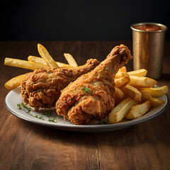 A delicious plate of fried chicken drumsticks garnished with herbs, served with French fries.