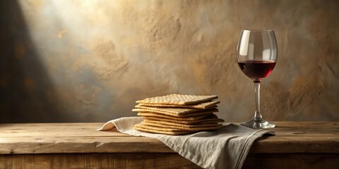 Rustic wooden table setting with stack of unleavened bread and glass of red wine against a textured background