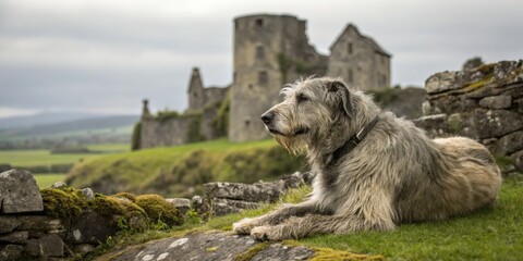 Fototapeta premium Dog relaxing near ruins of an ancient castle in a scenic landscape nature photography tranquil environment outdoor viewpoint
