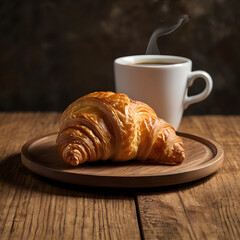 A freshly baked croissant served with a steaming cup of coffee.