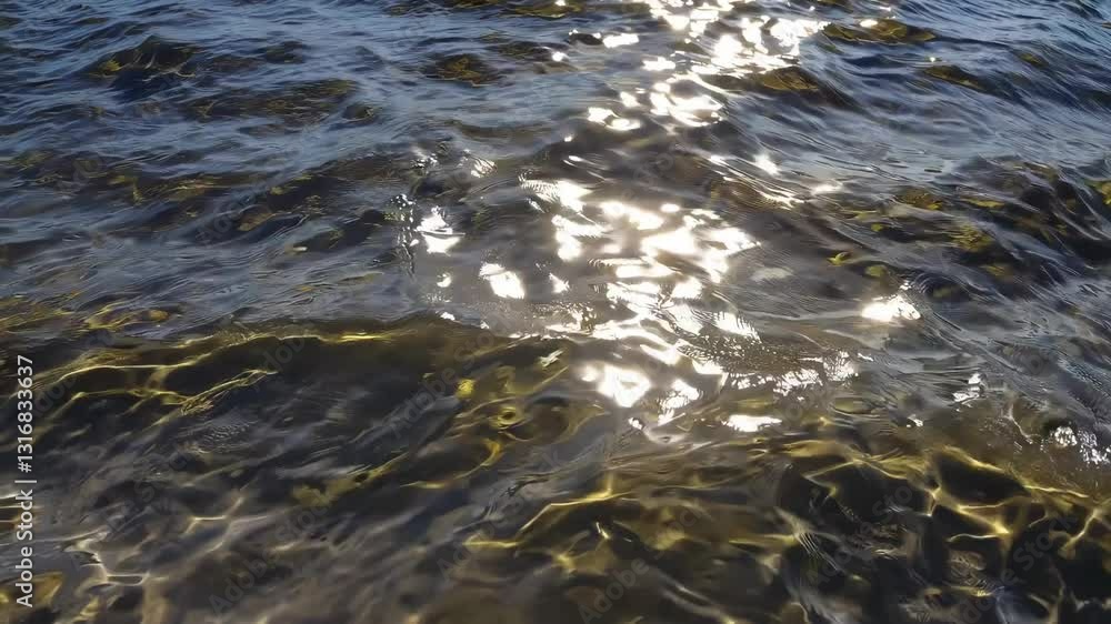 Poster sunlight dancing across transparent water surface, creating mesmerizing reflections and gentle rippl