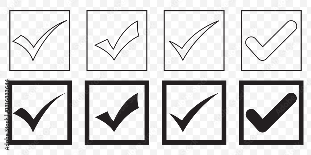 Poster check mark icon vector set. check box icon with right or yes checkmark icons. tick box, checkbox sym