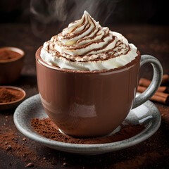 A cup of hot chocolate topped with whipped cream and drizzled with chocolate syrup.