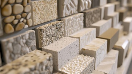A close-up of a bathroom tile sample board with various textures.