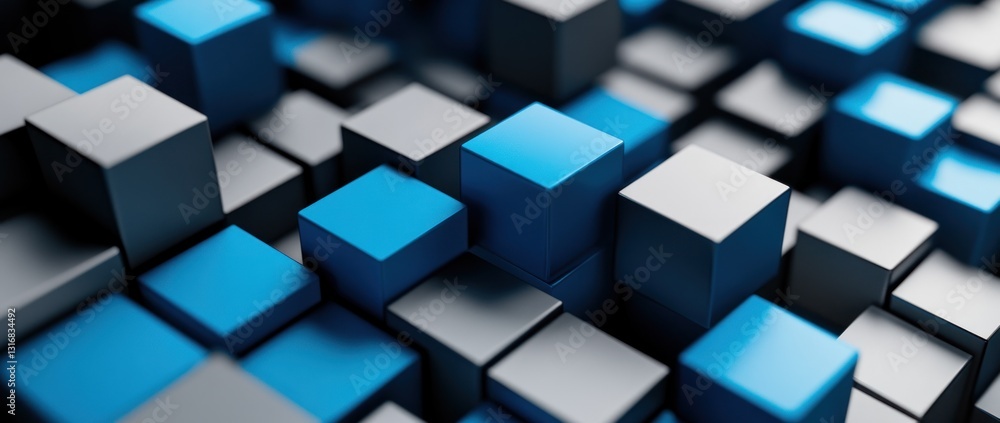 Poster abstract 3d rendering of blue and gray cubes.