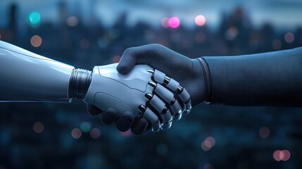 Two robotic hands completing a handshake, set against a futuristic cityscape background, representing technological collaboration and the future of business partnerships.