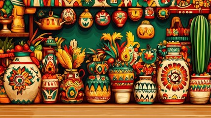 Cinco de Mayo celebration folk concept. A vibrant display of colorful pottery and floral arrangements, showcasing intricate designs and traditional craftsmanship against a bold background.
