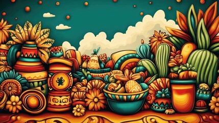 Obraz premium Cinco de Mayo celebration folk concept. A vibrant scene featuring colorful pots and plants, creating a lively and artistic atmosphere that showcases nature's beauty and creativity.